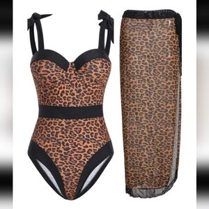 New Shein Leopard Swimsuit + Coverup XL 2pc Set Swimwear Sarong Vintage Vacation